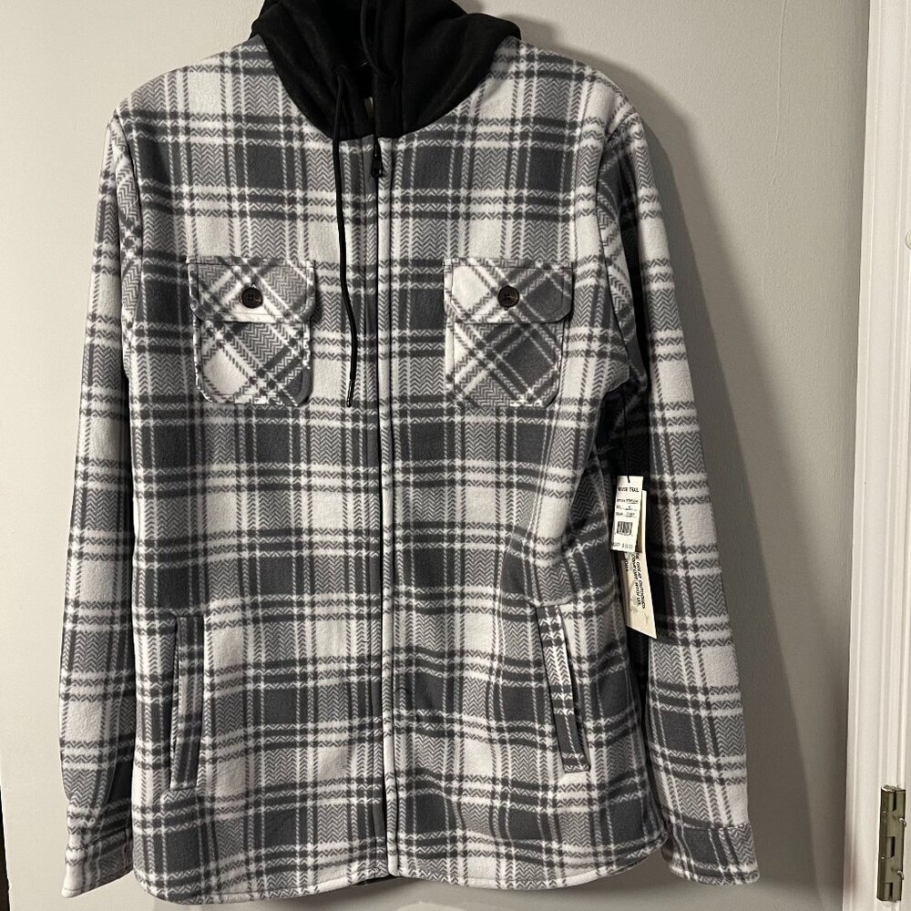 River Trail Mens Grey and White Plaid Fleece Lined Hoodie Jacket - NWT
